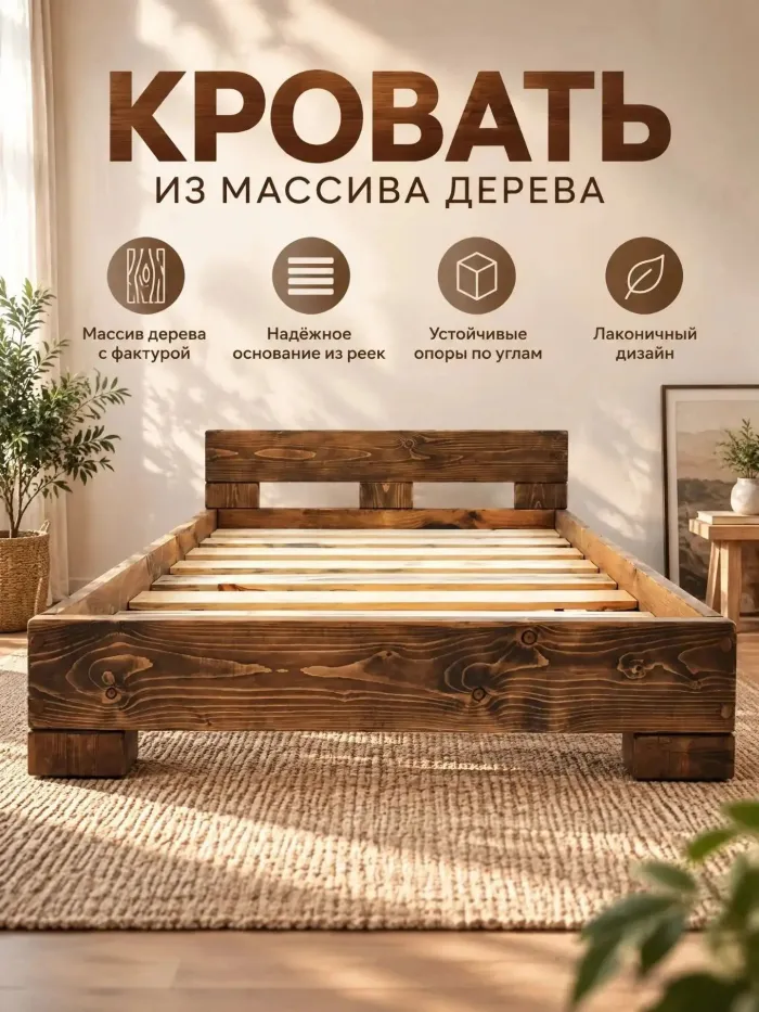 Кровать из массива дерева, изготовленная из натурального дерева, отличается прочностью и долговечностью.